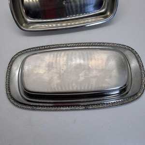 <b>Vintage</b> Butter Dish Silver Tone Metal Decorative Embossed Border Covered Server - Product Image 1