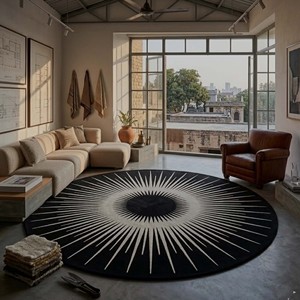Luxury <b>Round</b> Sunburst Area Rug Black White Modern Abstract Hand Tufted <b>Carpet</b> Living Room Bedroom Decorative Floor Mat Soft Rug - Product Image 2