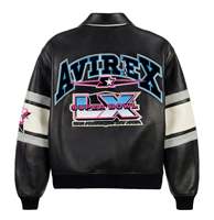 Veste universitaire noire Avirex avec patch brodé, fermeture à boutons sur le devant, en cuir, décontractée, imperméable, coupe-vent, respirante pour l'hiver