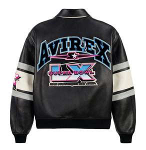 Chaqueta Varsity Negra Avirex con Parche Bordado, Cierre de Botones Frontales, Prenda Casual de Cuero, Cuero Negro Mate, Fusión de Resistencia - Product Image 2