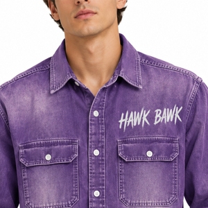Camisa de mezclilla para hombre, manga larga, informal, con botones, ajuste cómodo, estampado casual Hawk Bawk frontal, cuello vuelto, sarga lavada - Product Image 4