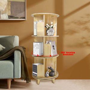<b>Solid</b> Pine <b>Wood</b> 360 Rotating <b>Bookcase</b> 3-Layer Modern Minimalist Display Rack for Living Room <b>Solid</b> Panel Bookshelf - Product Image 5