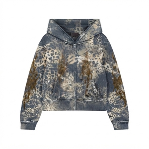 Sweat-shirt à capuche oversize unisexe à fermeture éclair, imprimé léopard, coupe courte, décontracté, pour l'automne, en molleton de polyester - Product Image 1