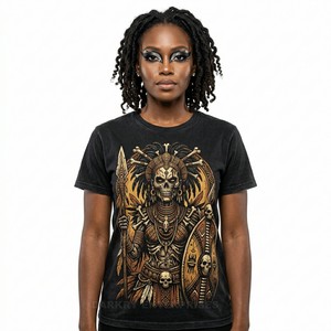 T-shirt personnalisé style ethnique pour femme, motif squelette guerrier tribal, vintage, noir délavé, en coton, coupe oversize, streetwear - Product Image 1