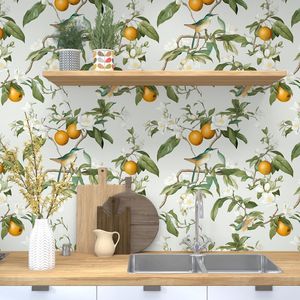 Papel Tapiz Floral con Hojas y Pájaros en Beige/Naranja/Verde, 17.5in X 118in, Autoadhesivo, Papel de Contacto Impermeable, Murales para Pared - Product Image 3