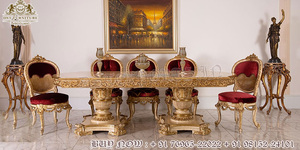 Table à manger traditionnelle sculptée à la main avec chaises finition dorée ensemble de Table à manger en bois de teck luxueux 6 places - Product Image 2