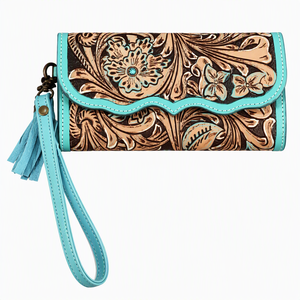 Portefeuille-bracelet en cuir de vachette argentin, personnalisé, à motifs floraux western, pour femmes |   Portefeuille à rabat avec garniture turquoise et pompon - Product Image 1