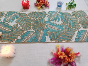 Handmade Oriental Fabric <b>Table</b> <b>Runner</b> Irregular Shape <b>Teal</b> Floral Design Luxury Style Ali Fashion Art AFA01 Eco-Friendly Durable - Product Image 1