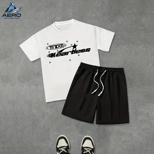 Conjunto Casual de Camiseta Gráfica y Pantalones Cortos con Cordón para Hombre, Poliéster, Cuello Redondo, Ropa de Verano, Camiseta y Pantalones Cortos de Algodón - Product Image 1
