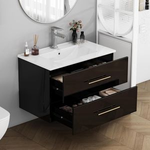 Mobile Bagno Sospeso Nero Lucido da 30 Pollici con Doppio Cassetto, Installazione Facile, Lavabo in Ceramica, Maniglia Lunga in Metallo - Product Image 3