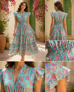 ชุดเดรสผ้าฝ้ายลายดอกไม้สำหรับผู้หญิง ทรงพลิ้วไหว ยาวถึงข้อเท้า ช่วงเอวสม็อค กระโปรงทรงยาว มีกระเป๋าข้าง พิมพ์ลายด้วยมือ ผลงานชิ้นเอก ใส่สบายในฤดูร้อน - Product Image 6