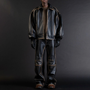 Men's Black Leather Look Tracksuit Full Sleeve Zipper Turn-<b>down</b> Collar Loose Fit Winter Streetwear Solid Color <b>Pants</b> and Jacket - Product Image 3