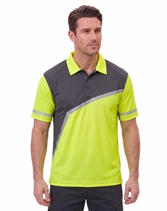 custom mens diagonal split safety polo shirts <b>neon</b> yellow charcoal grey reflective stripe hi vis workwear short sleeve work <b>top</b> - Product Image 1