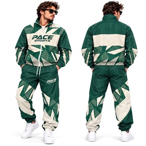 Ensemble veste coupe-vent et pantalon pour homme, vert forêt, crème, motif géométrique, imperméable, entièrement zippé, vêtements de sport, fournisseur en gros - Product Image 1