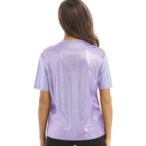 Women's Club Party Denim Hollow Out <b>Sequin</b> Lapel Short Sleeve T-Shirt-Customizable Colors & Logos - Product Image 3