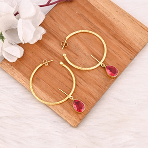 Stylish Pink Tourmaline Hydro Hoop Earrings Gold Plated Handmade Brass Jewelry with Bezel <b>Set</b> Shilpi Impex Brand for Women - Product Image 3