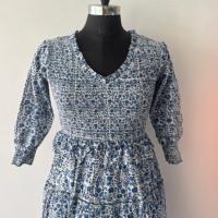 Robe décontractée à imprimé floral, à volants, manches longues, col en V, coupe évasée, pour femme, à porter au quotidien, durable, imprimée à la main, 100% coton naturel