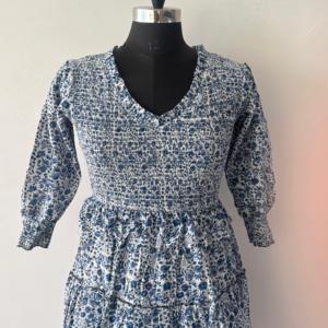 Floral <b>Print</b> Tiered Casual Dress Long Sleeve V Neck Flare Women's Daily Wear Sustainable Hand <b>Block</b> <b>Printed</b> 100% Cotton Natural - Product Image 2
