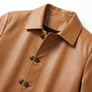 Manteau long en cuir véritable pour homme avec col en fourrure, trench-coat à simple boutonnage, vêtement d'extérieur épais et chaud - Product Image 6