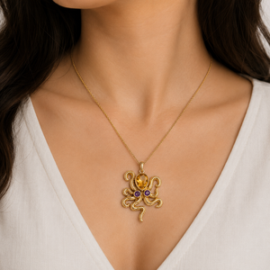 Pendentif Pieuvre Citrine Améthyste Doré, Bijou Artisanal Inspiré de l'Océan, Création de Designer, Pierre Précieuse, Cadeau Unique pour Femme - Product Image 4
