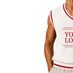 <b>Mens</b> <b>White</b> With Red Contrast Stripe Summer Knit Sweater <b>Vest</b> V Neck Sleeveless Pullover Custom Logo Wool Acrylic OEM Wholesale - Product Image 3