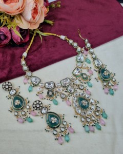 Royal Teardrop Motif Kundan Meenakari Work <b>Necklace</b> Set With Earrings And Mangtika Traditional Ethnic Wear Gold Plated Jewellery - Product Image 1