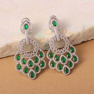 Nihara Peacock Feather Emerald Green Pendant Chandelier Earrings with Pearl - Product Image 1