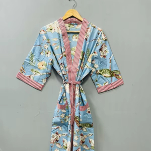 Vestido Kimono Casual de Algodón con Estampado Floral de Lujo Vintage para Mujer, con Cuello en V y Cordón Ajustable, Largo hasta el Suelo, Ideal para Invierno y Verano en India - Product Image 1