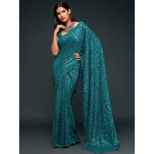 Atractivo verde azulado con lentejuelas Georgette Party Wear Saree - Product Image 4