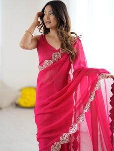 Sari Tradicional de Chifón Rosa para Mujer KV con Adornos y Blusa sin Costuras Reversible Antiarrugas para Fiestas y Eventos - Product Image 1