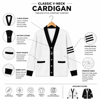 Cardigan en tricot blanc pour femmes de la sororité Cosh International avec bordure noire, col en V, manches longues, style preppy, boutonné devant