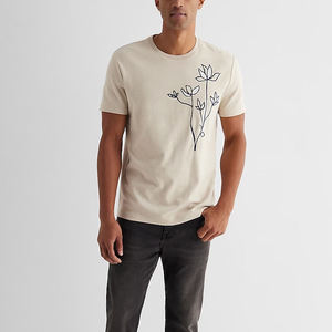 Men's <b>Cream</b> Short Sleeve <b>T</b>-<b>Shirt</b> With Floral Embroidery O-Neck Regular Fit Casual Jersey Cotton Top - Product Image 3
