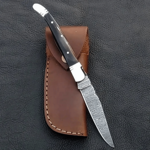 Handmade Damascus Steel <b>Drop</b> Point Straight Folding Pocket Knife Black Wood Handle Leather Belt Sheath Custom Outdoor Utility - Product Image 1