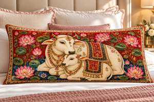 ปลอกหมอนกำมะหยี่หรูหรา ทรงสี่เหลี่ยม ปักลายวัวและดอกบัว - Product Image 4
