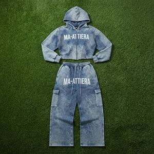 Conjunto de chándal de dos piezas para mujer: sudadera corta con cremallera y pantalones de chándal de pierna ancha con efecto denim lavado - Product Image 5