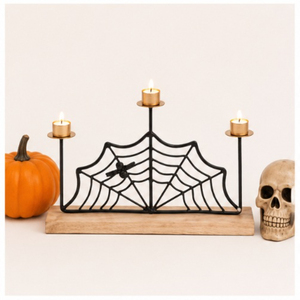 Spider Web Metal Candelabra with Natural Wood Base 3-Arm <b>Candle</b> <b>Holder</b> for Halloween Tabletop Decoration & Home Decor - Product Image 2