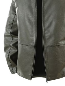 Wholesale Unisex Olive Green PU Leather Biker <b>Jacket</b> Stand Collar Casual Fit <b>Racer</b> Zipper Coat Front Waterproof Custom B2B OEM - Product Image 4