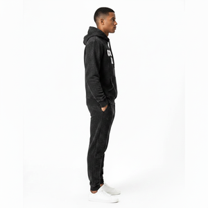 Custom Logo Black Acid Wash Tracksuit <b>Men</b> Heavyweight Fleece Hoodie and <b>Jogger</b> Set Streetwear Premium Vintage Black Acid Wash - Product Image 3