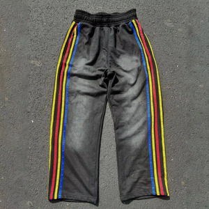 Custom Vintage Sun Faded Sweatsuit Distressed Embroidery Patch Acid Wash Striped Hoodies and Sweatpants Set <b>Tracksuits</b> - Product Image 3