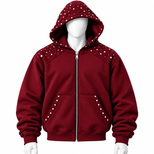 Sweat-shirt à capuche zippé pour homme, couleur bordeaux, manches longues, en polaire, style décontracté, prix bas, vente en gros, OEM personnalisé - Product Image 5