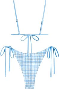 Conjunto de Bikini Azul a Cuadros para Mujer, Tirantes Finos, Escote en V Profundo, Detalle de Lazo, Alta Sujeción, Spandex/Poliéster, Transpirable, Secado Rápido - Product Image 2