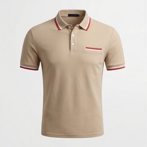 Polo à manches courtes beige pour homme avec poche, couleur unie, style décontracté, tissu tissé, coupe classique - Product Image 1