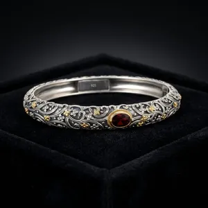 Brazalete de Plata 925 con Granate Natural, Acabado Oxidado, Engaste de Garras, Talla Fija, Joyería Tanya Gems, Modelo TG40079BR, Regalo Moderno para Mujer - Product Image 5