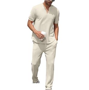 Ensemble deux pièces pour homme, décontracté, hiver, couleur unie, respirant, en coton tricoté 100%, comprenant un t-shirt à manches courtes et un pantalon, avec fermeture éclair quart de tour, couleur Teal - Product Image 5
