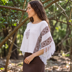 Folk Art Tassel Shirt for Ladies | Maroon Geometric Stitching Wide Neck Draped Sleeves Relaxed Summer Beachwear Bohemian Styling - Product Image 1