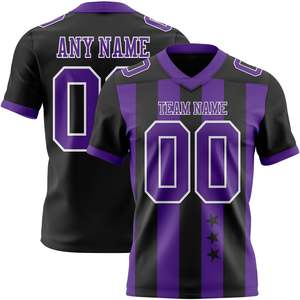 เสื้อฟุตบอลสีดำม่วงขายดีที่สุด ผ้าโพลีเอสเตอร์ 100% ตาข่ายแบบ Bird Eye คอวี ปักโลโก้ ชื่อทีม เลขที่นักเตะ ไซส์ XS-7XL รับผลิตแบบ OEM - Product Image 1