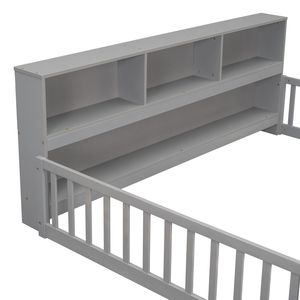 Grey Full Floor <b>Bed</b> with <b>Side</b> Bookcase Shelves & Guardrails - Product Image 5