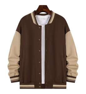 Veste varsity unisexe noire et blanche coupe-vent, couleur unie, boutonnée sur le devant, col montant décontracté, coupe régulière, vêtement d'hiver en tissu laineux - Product Image 4