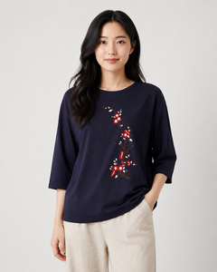 Chemisier brodé bleu marine pour femme, coupe ample, manches 3/4, col rond, motif floral, style décontracté, haut musulman, vente en gros - Product Image 3
