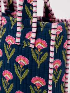 Veer Handicrafts Quilted Cotton <b>Tote</b> <b>Bag</b> <b>Navy</b> Blue Striped Pattern Zipper Closure Handles Fashion Style All Seasons Shopping Use - Product Image 2